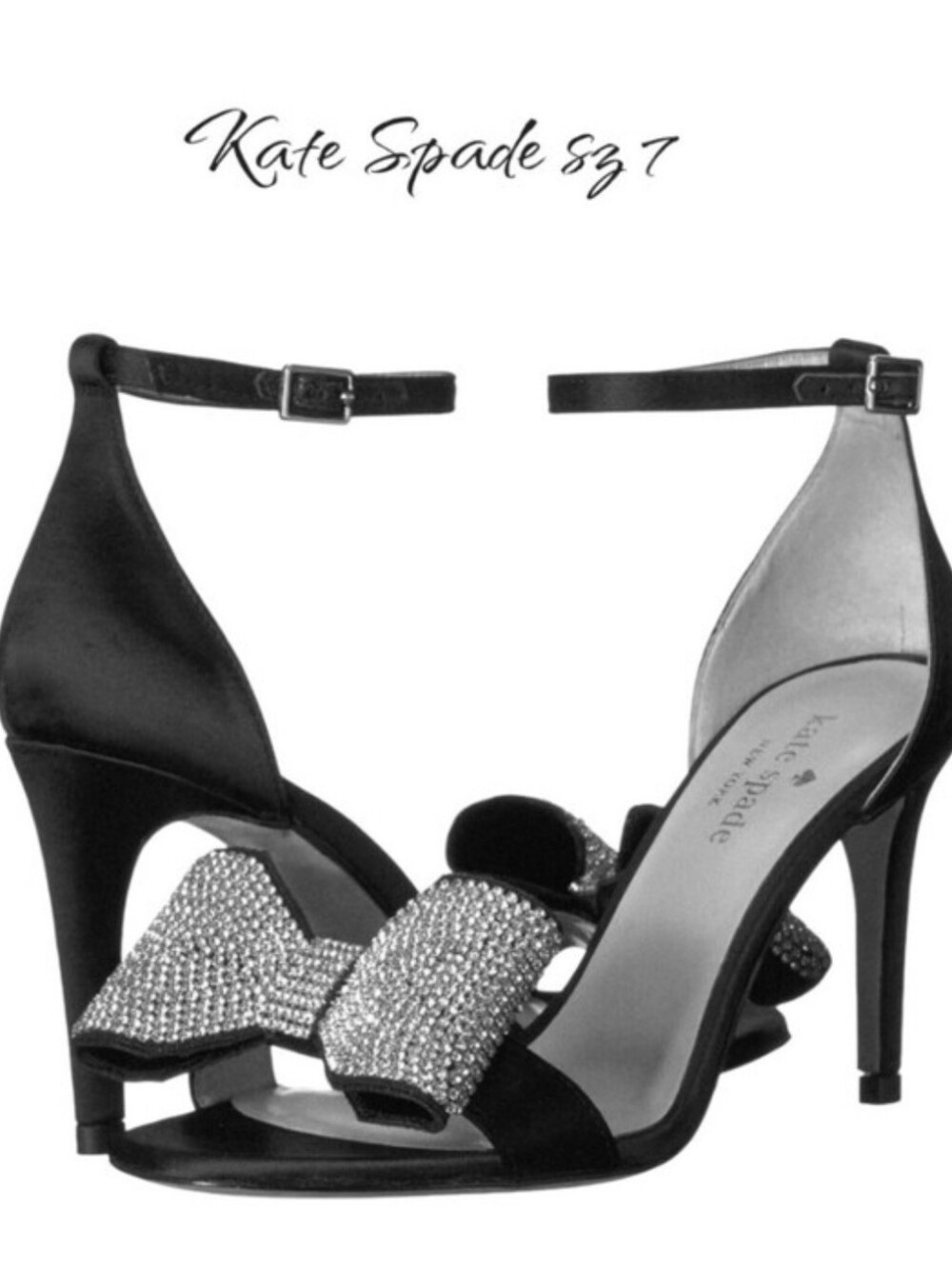 Kate Spade New York Gweneth Black Satin Rhinestone Crystal Bow Heels Sandal Sz 7